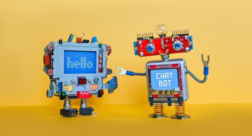 Chat bot robot welcomes android robotic character. Creative design toys on yellow background